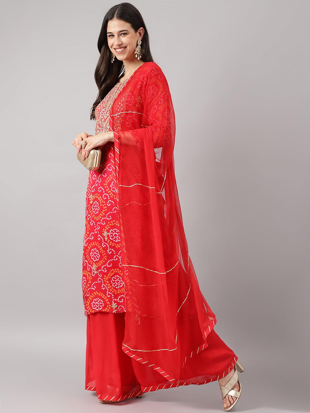 Women's Red Chinon Hand embroidery Kurta Sharara with chiffon dupatta - Taantav