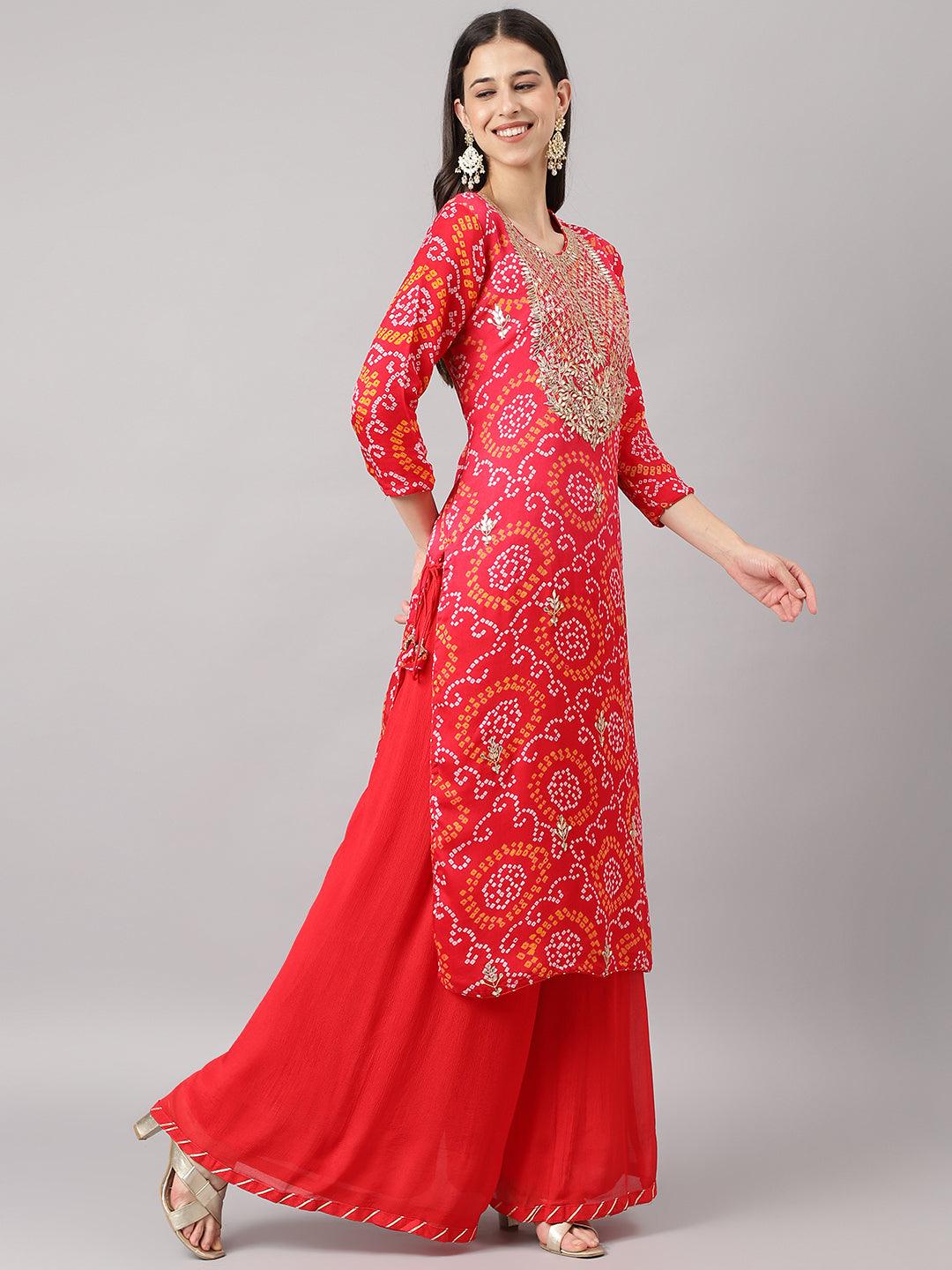 Women's Red Chinon Hand embroidery Kurta Sharara with chiffon dupatta - Taantav