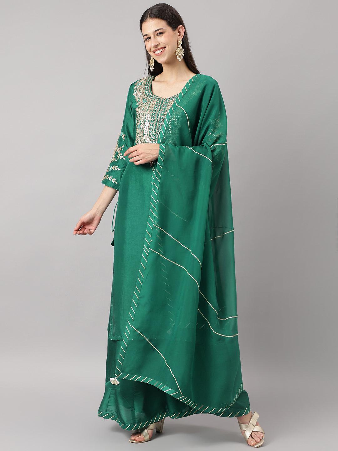 Women's Green uppada silk Hand embroidery Kurta Sharara with Organza dupatta - Taantav