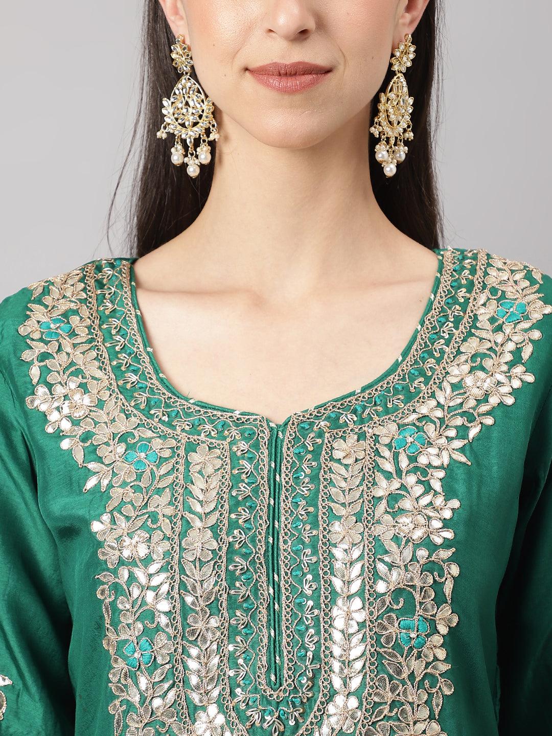 Women's Green uppada silk Hand embroidery Kurta Sharara with Organza dupatta - Taantav