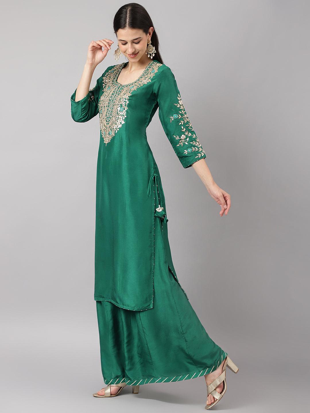 Women's Green uppada silk Hand embroidery Kurta Sharara with Organza dupatta - Taantav