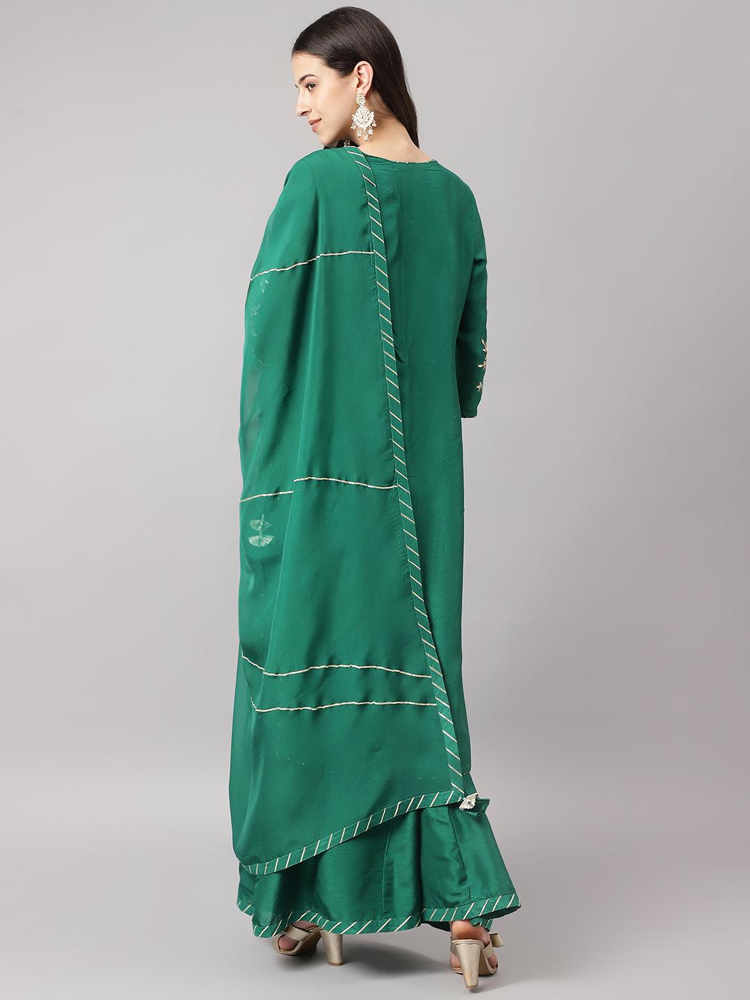 Women's Green uppada silk Hand embroidery Kurta Sharara with Organza dupatta - Taantav