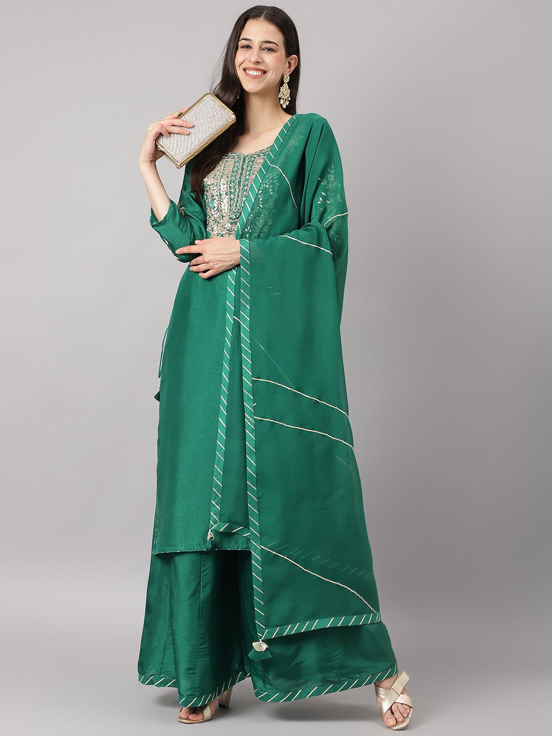 Women's Green uppada silk Hand embroidery Kurta Sharara with Organza dupatta - Taantav