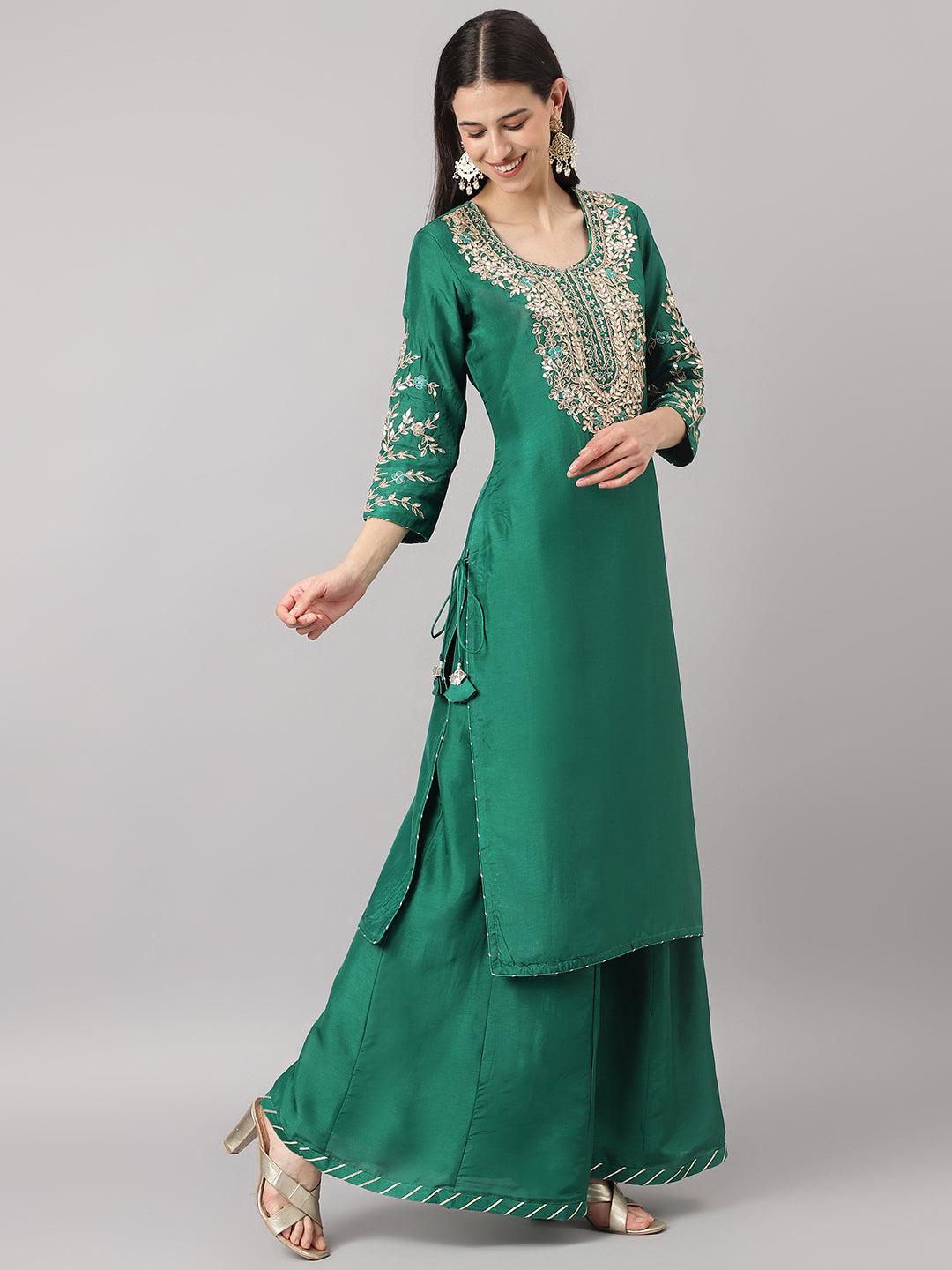 Women's Green uppada silk Hand embroidery Kurta Sharara with Organza dupatta - Taantav