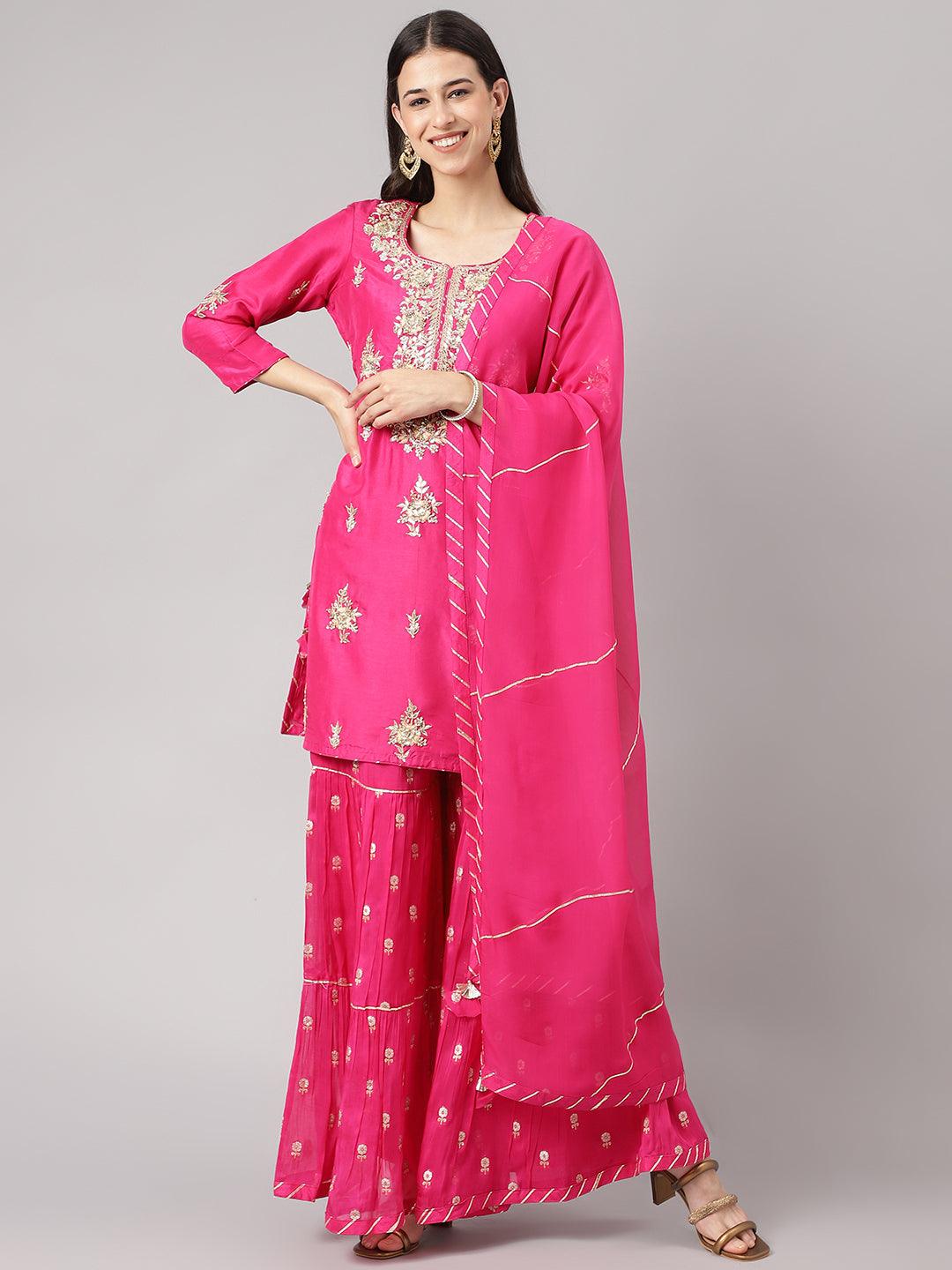 Women's Dark Pink Russian silk Hand embroidery Kurta Sharara with Organza dupatta - Taantav