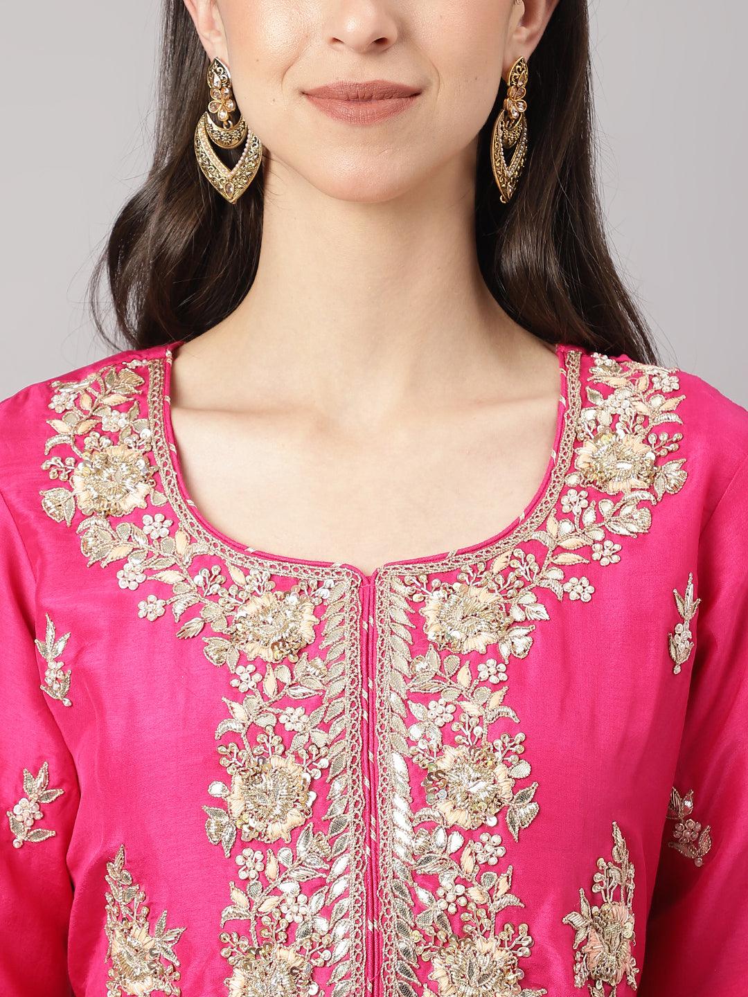 Women's Dark Pink Russian silk Hand embroidery Kurta Sharara with Organza dupatta - Taantav