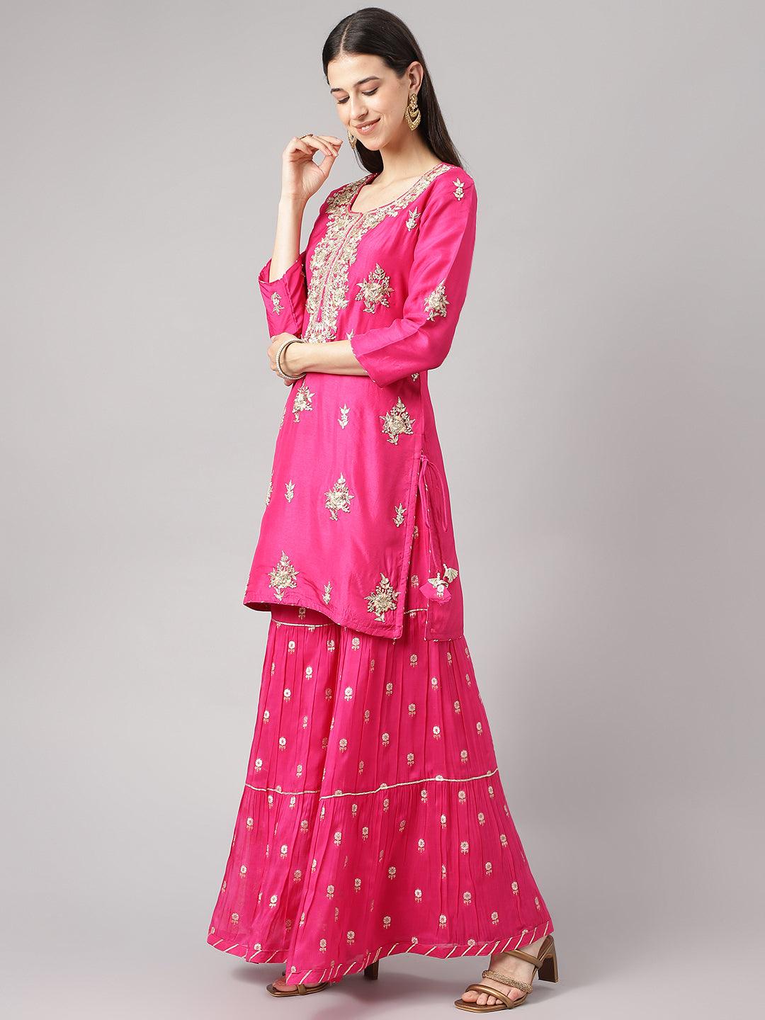 Women's Dark Pink Russian silk Hand embroidery Kurta Sharara with Organza dupatta - Taantav