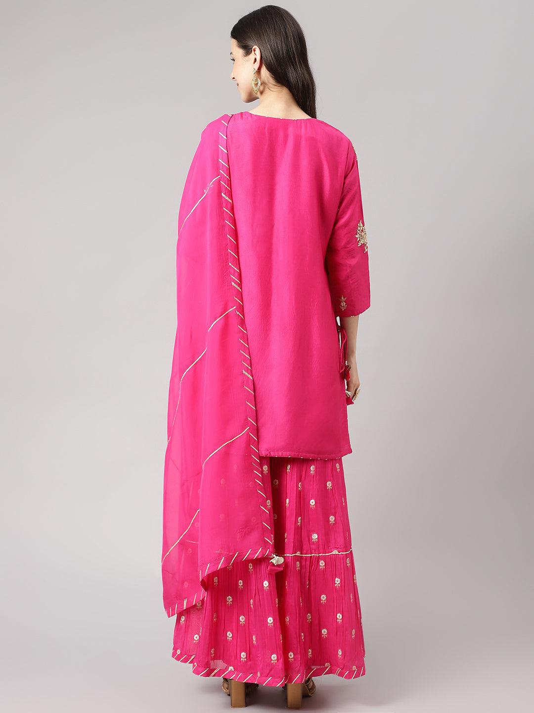 Women's Dark Pink Russian silk Hand embroidery Kurta Sharara with Organza dupatta - Taantav