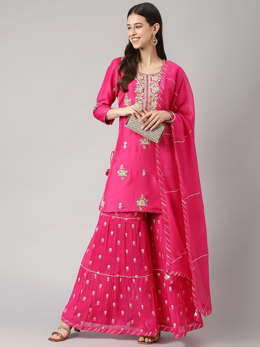 Women's Dark Pink Russian silk Hand embroidery Kurta Sharara with Organza dupatta - Taantav