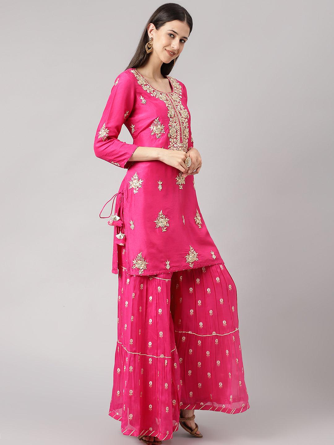 Women's Dark Pink Russian silk Hand embroidery Kurta Sharara with Organza dupatta - Taantav