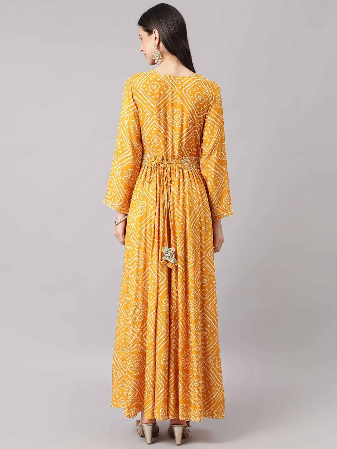 Women's Mustard bandhani Printed Muslin Zari work Drape Style Flared Gown - Taantav