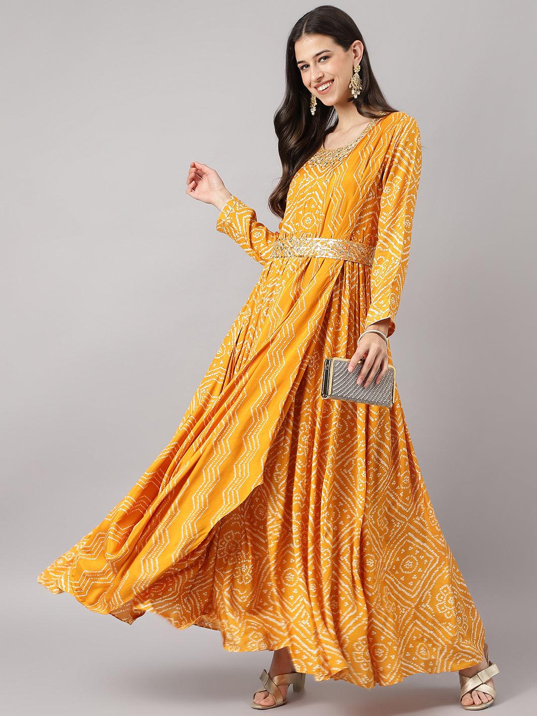 Women's Mustard bandhani Printed Muslin Zari work Drape Style Flared Gown - Taantav