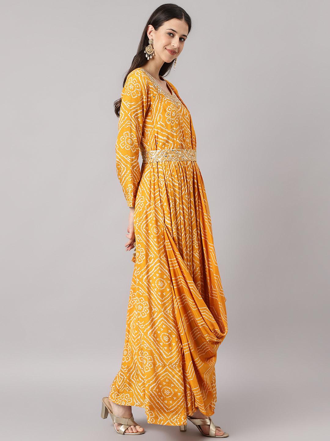 Women's Mustard bandhani Printed Muslin Zari work Drape Style Flared Gown - Taantav