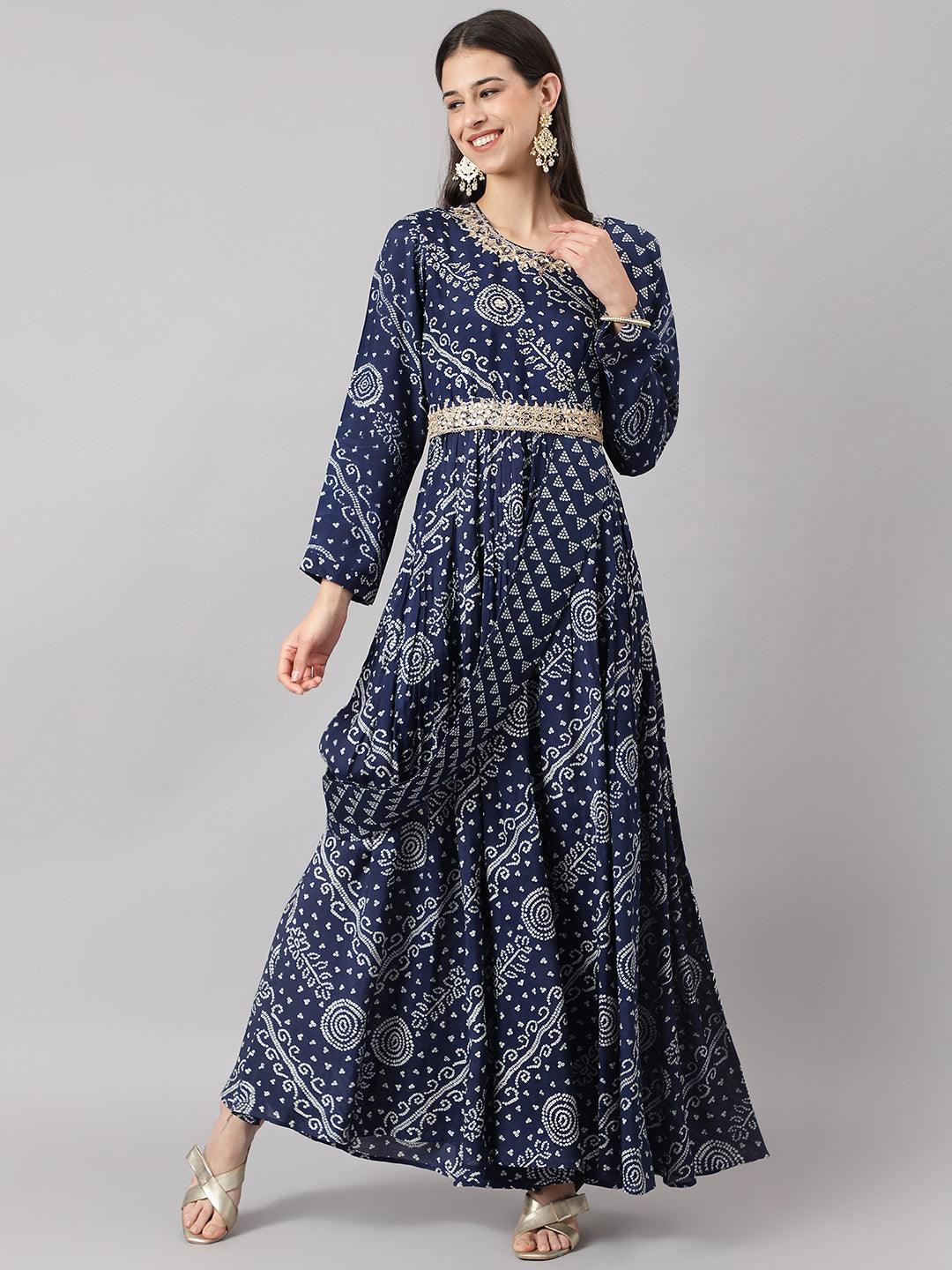 Women's Navy Blue bandhani Printed Muslin Zari work Drape style Flared Gown - Taantav