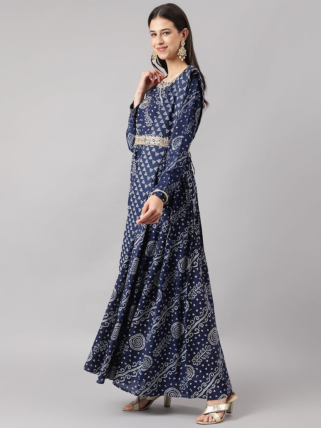 Women's Navy Blue bandhani Printed Muslin Zari work Drape style Flared Gown - Taantav