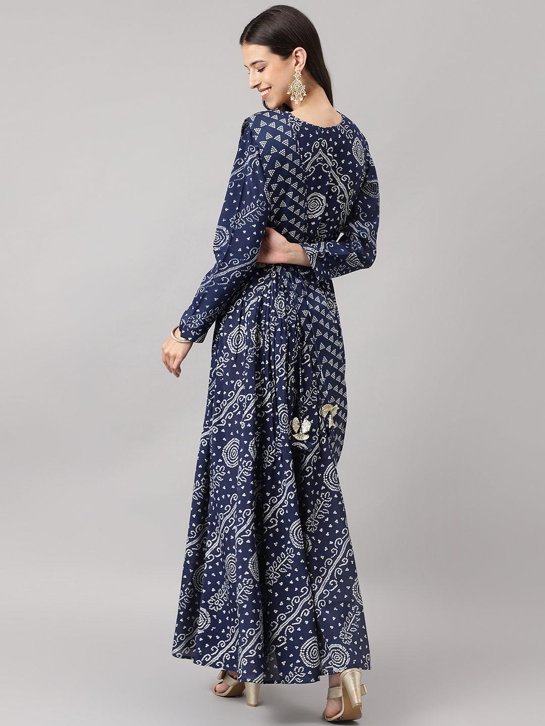 Women's Navy Blue bandhani Printed Muslin Zari work Drape style Flared Gown - Taantav