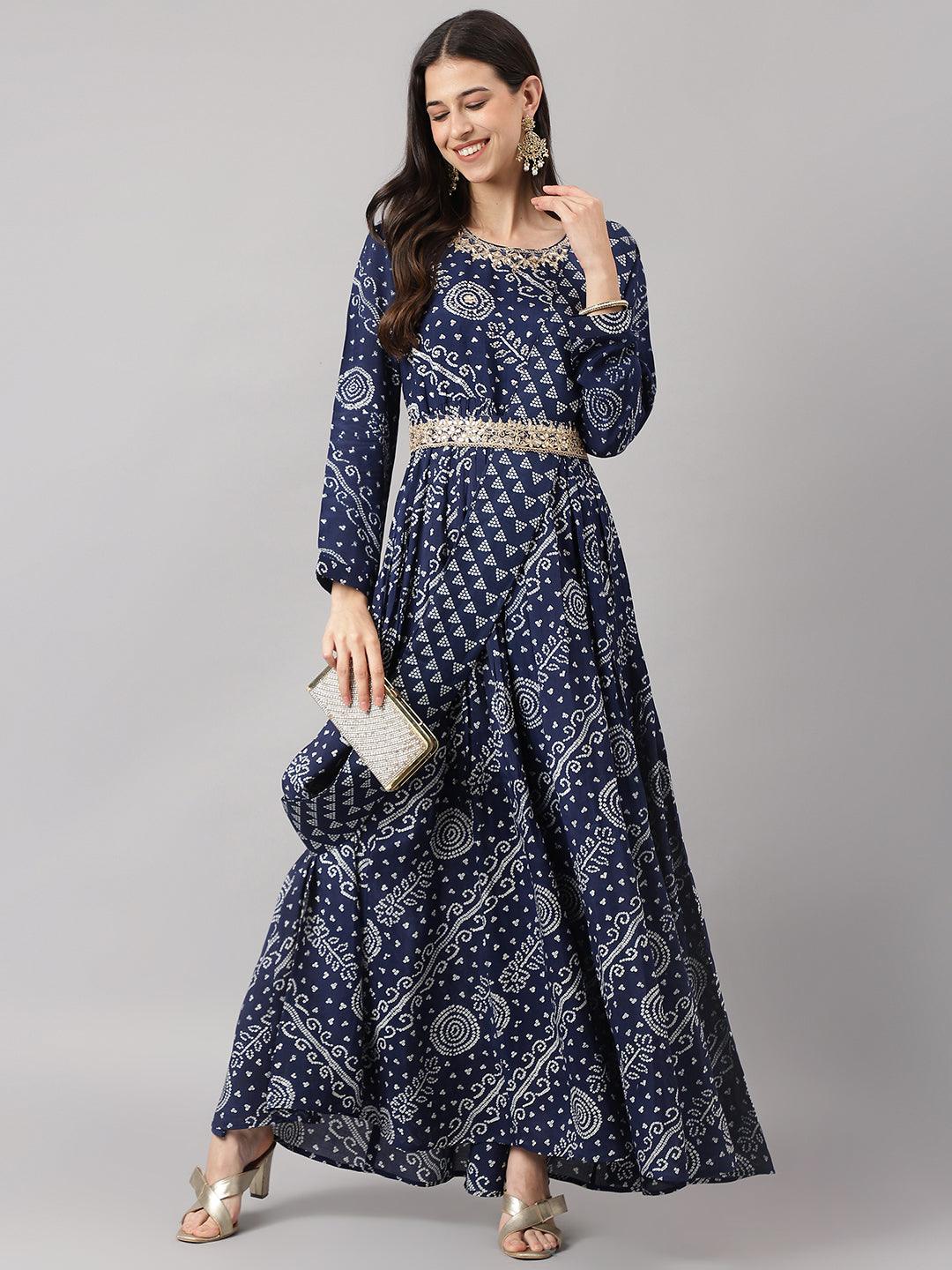 Women's Navy Blue bandhani Printed Muslin Zari work Drape style Flared Gown - Taantav