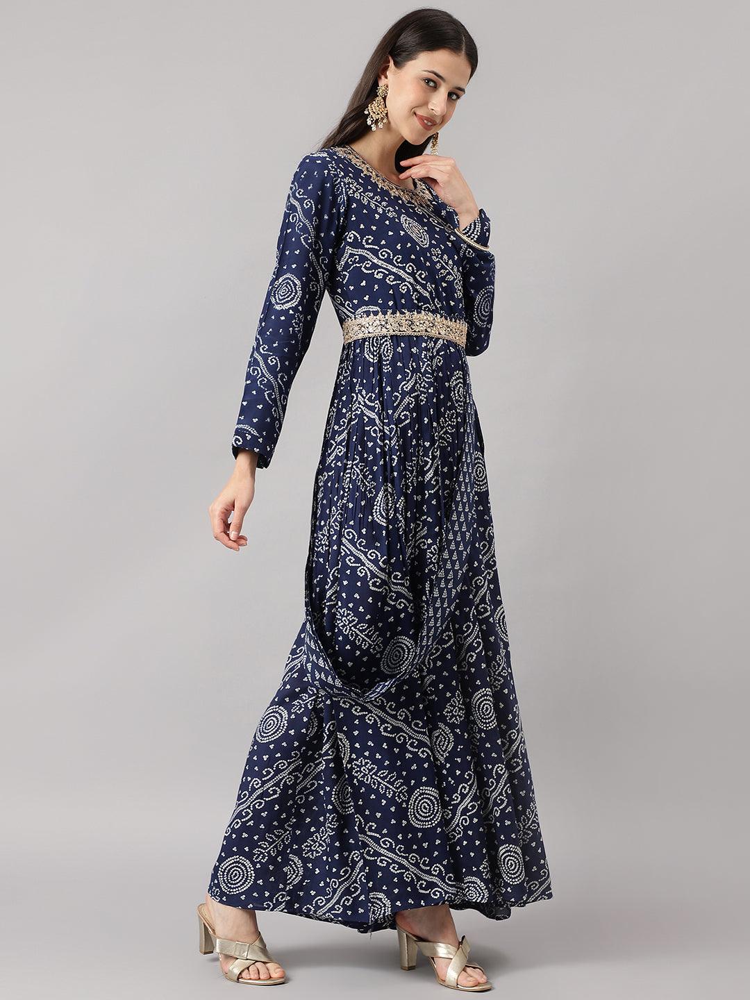 Women's Navy Blue bandhani Printed Muslin Zari work Drape style Flared Gown - Taantav