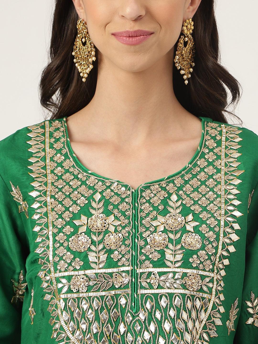 Women's Dark Green Russian silk Hand embroidery Kurta Sharara with Organza dupatta - Taantav