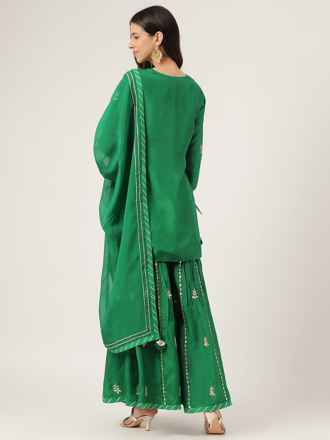 Women's Dark Green Russian silk Hand embroidery Kurta Sharara with Organza dupatta - Taantav