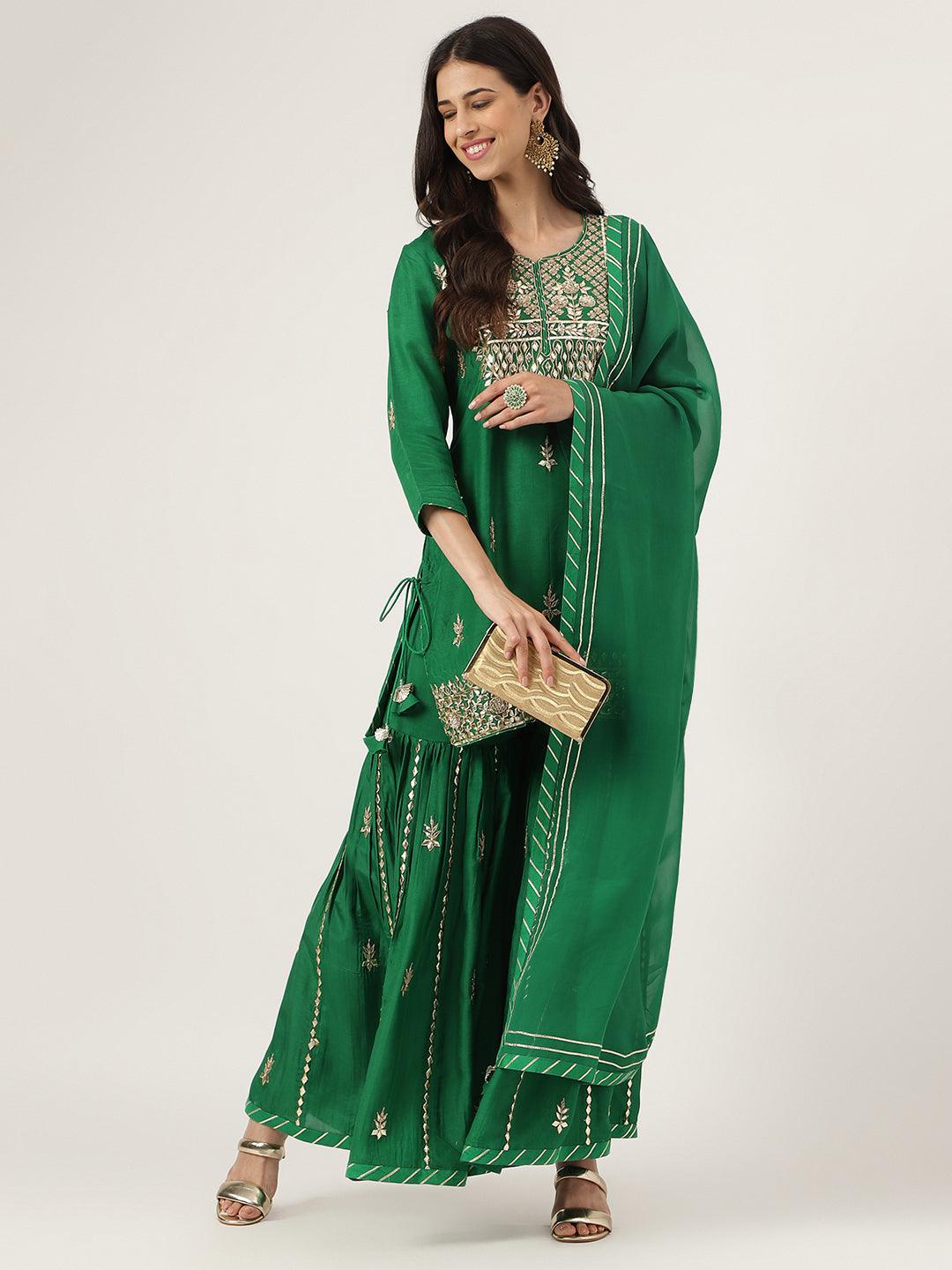 Women's Dark Green Russian silk Hand embroidery Kurta Sharara with Organza dupatta - Taantav