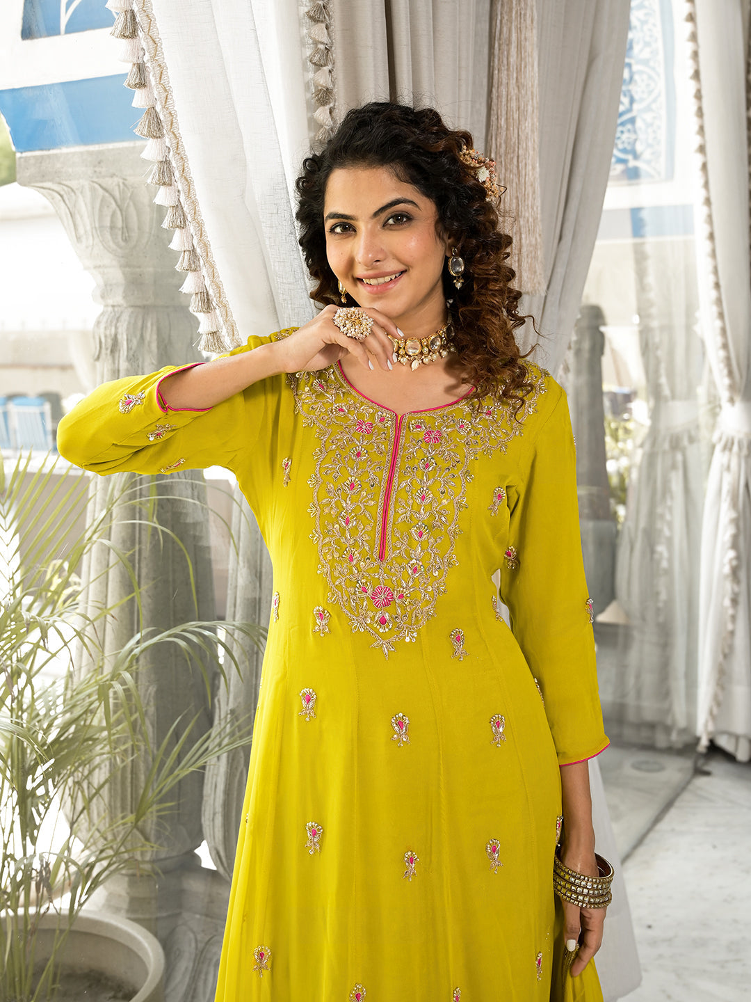 Women's Yellow Zardozi Work Pure Georgette Anarkali Kurta Set with Dupatta - Taantav