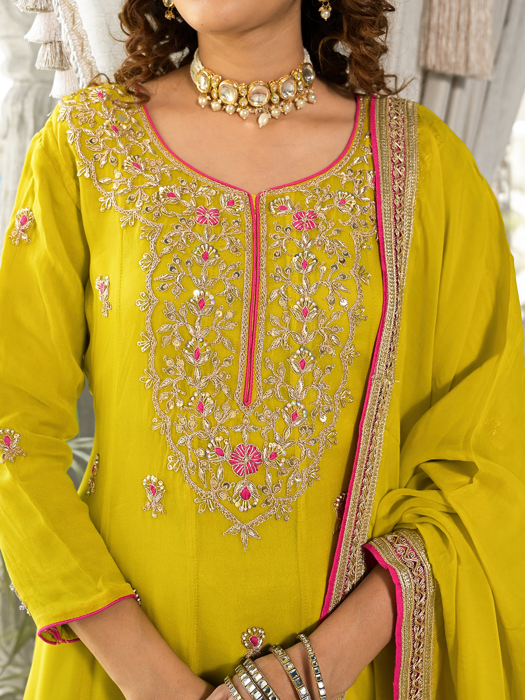 Women's Yellow Zardozi Work Pure Georgette Anarkali Kurta Set with Dupatta - Taantav