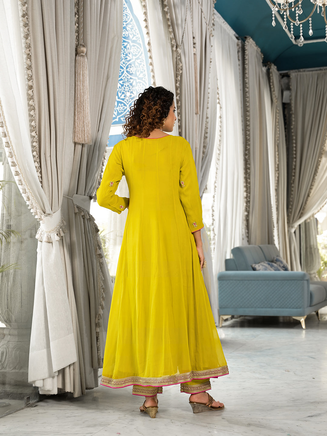 Women's Yellow Zardozi Work Pure Georgette Anarkali Kurta Set with Dupatta - Taantav