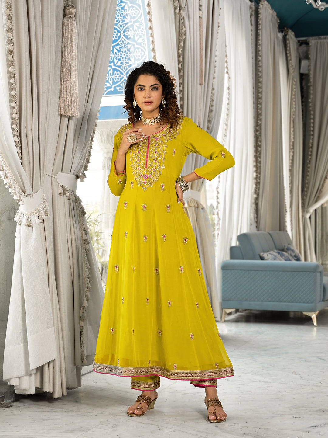 Women's Yellow Zardozi Work Pure Georgette Anarkali Kurta Set with Dupatta - Taantav