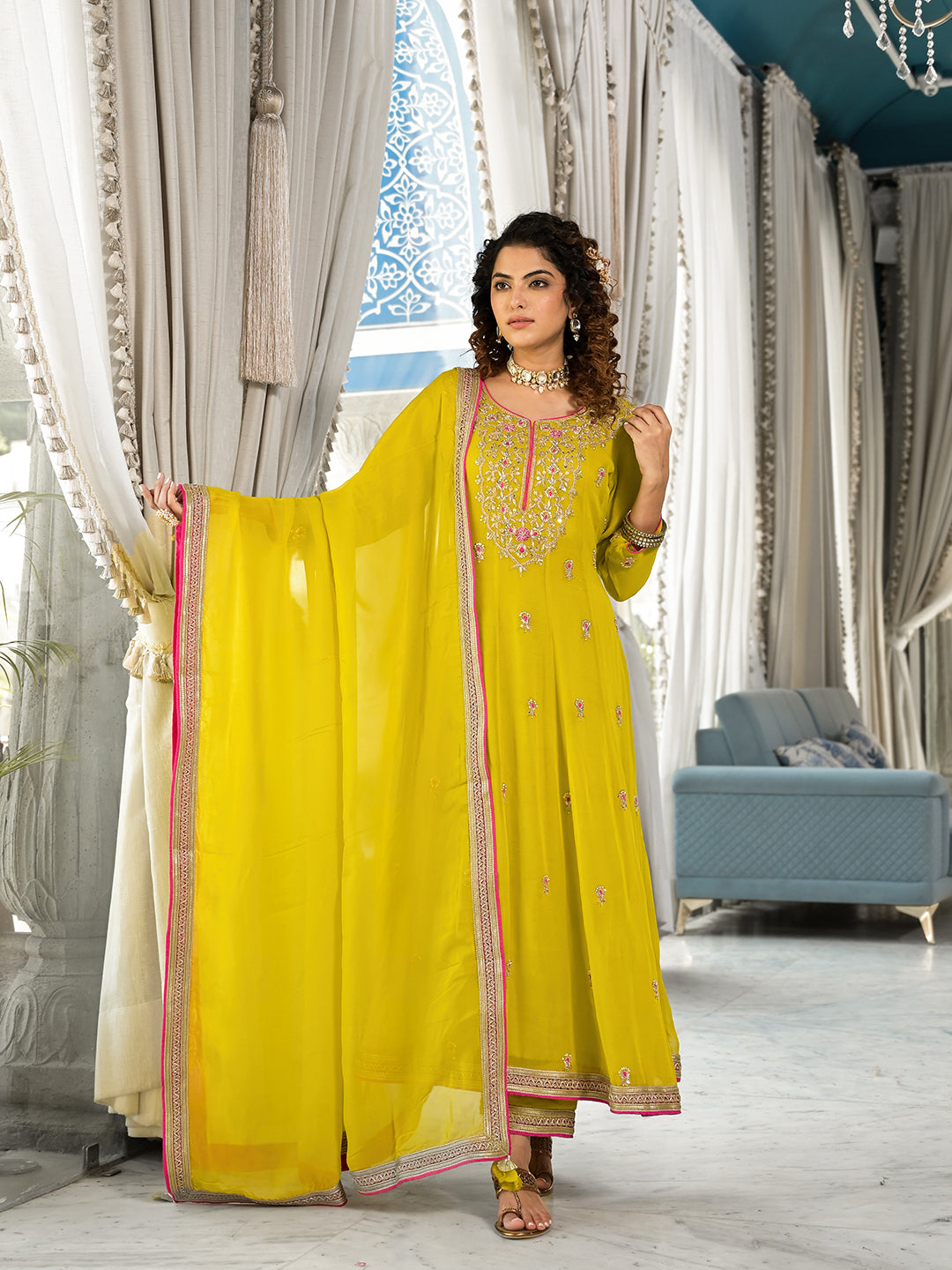 Women's Yellow Zardozi Work Pure Georgette Anarkali Kurta Set with Dupatta - Taantav