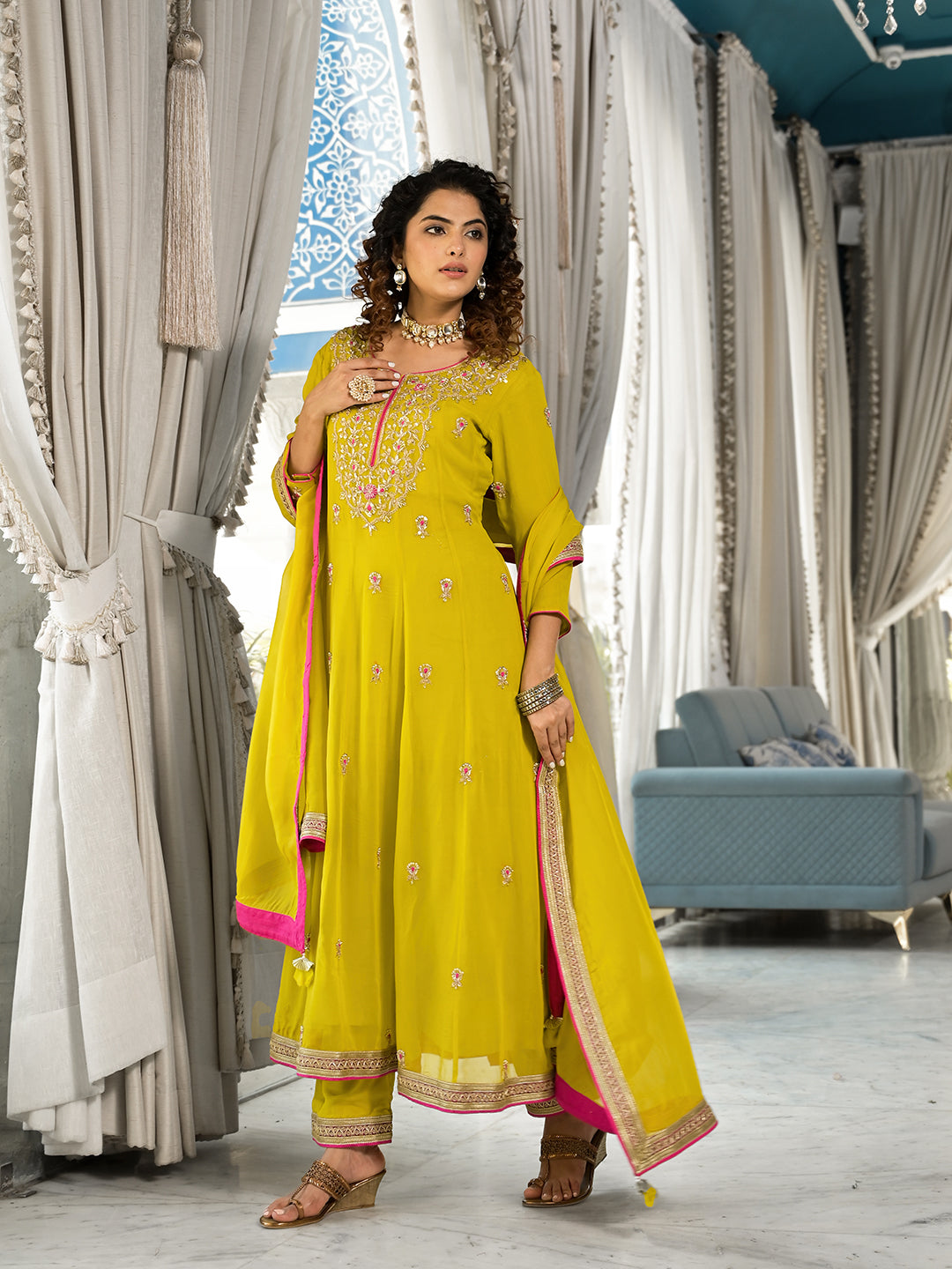 Women's Yellow Zardozi Work Pure Georgette Anarkali Kurta Set with Dupatta - Taantav