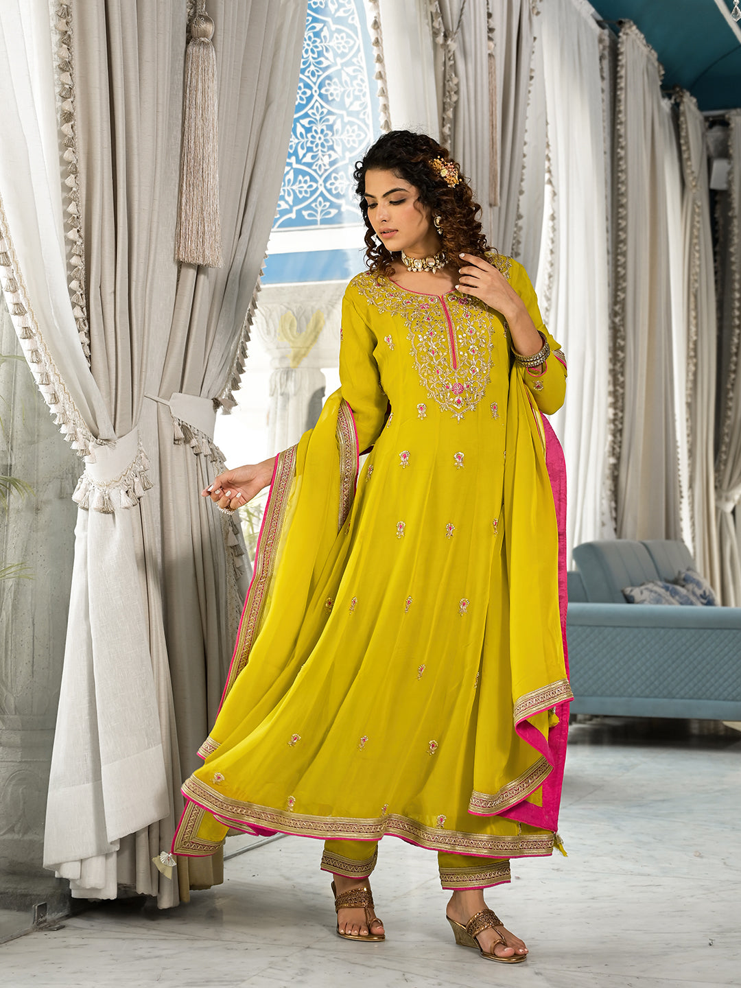 Women's Yellow Zardozi Work Pure Georgette Anarkali Kurta Set with Dupatta - Taantav