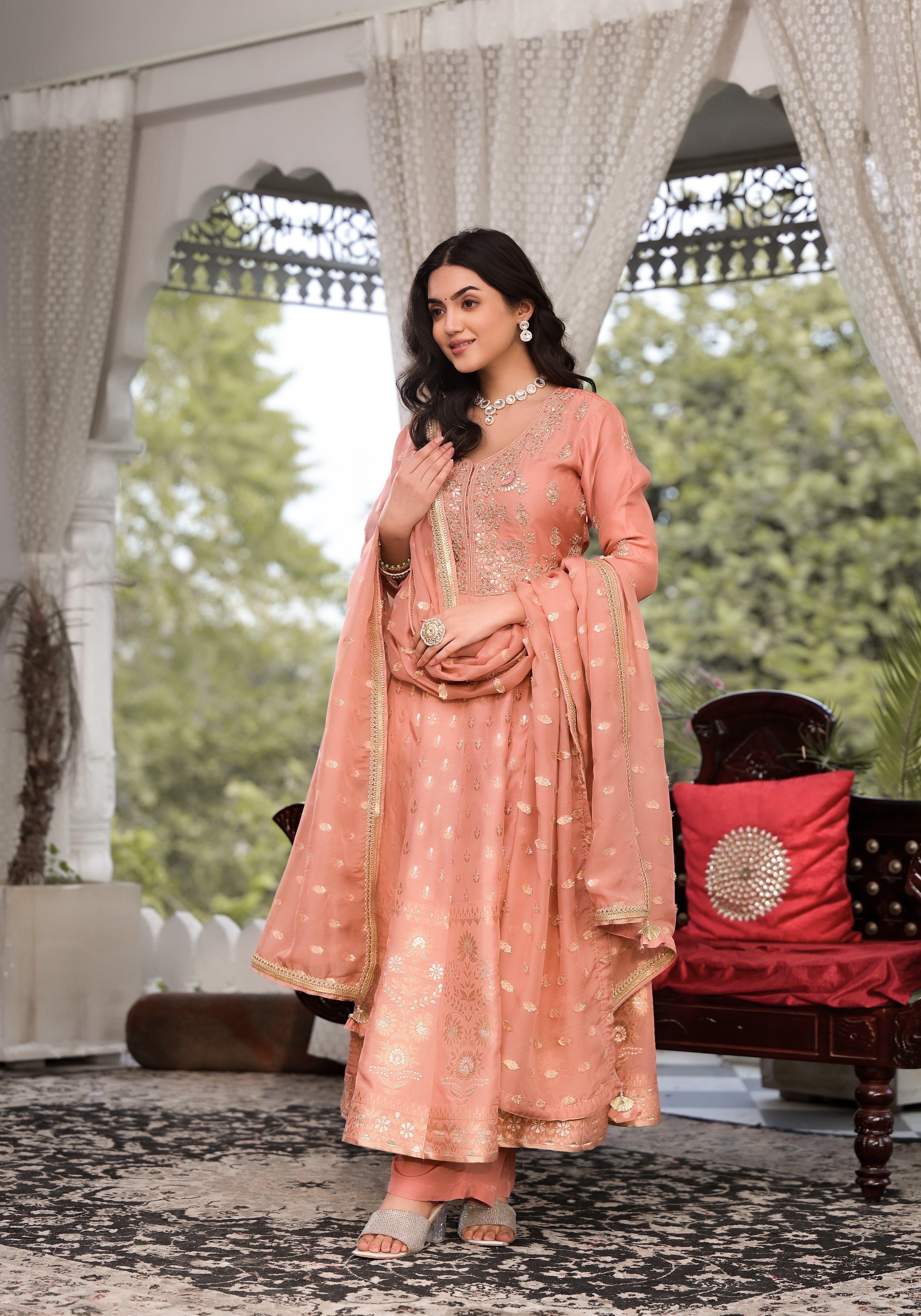 Women's Peach Zardozi Embroidered Banarsi Russian Silk Kurta Set with Banarsi Organza Dupatta - Taantav