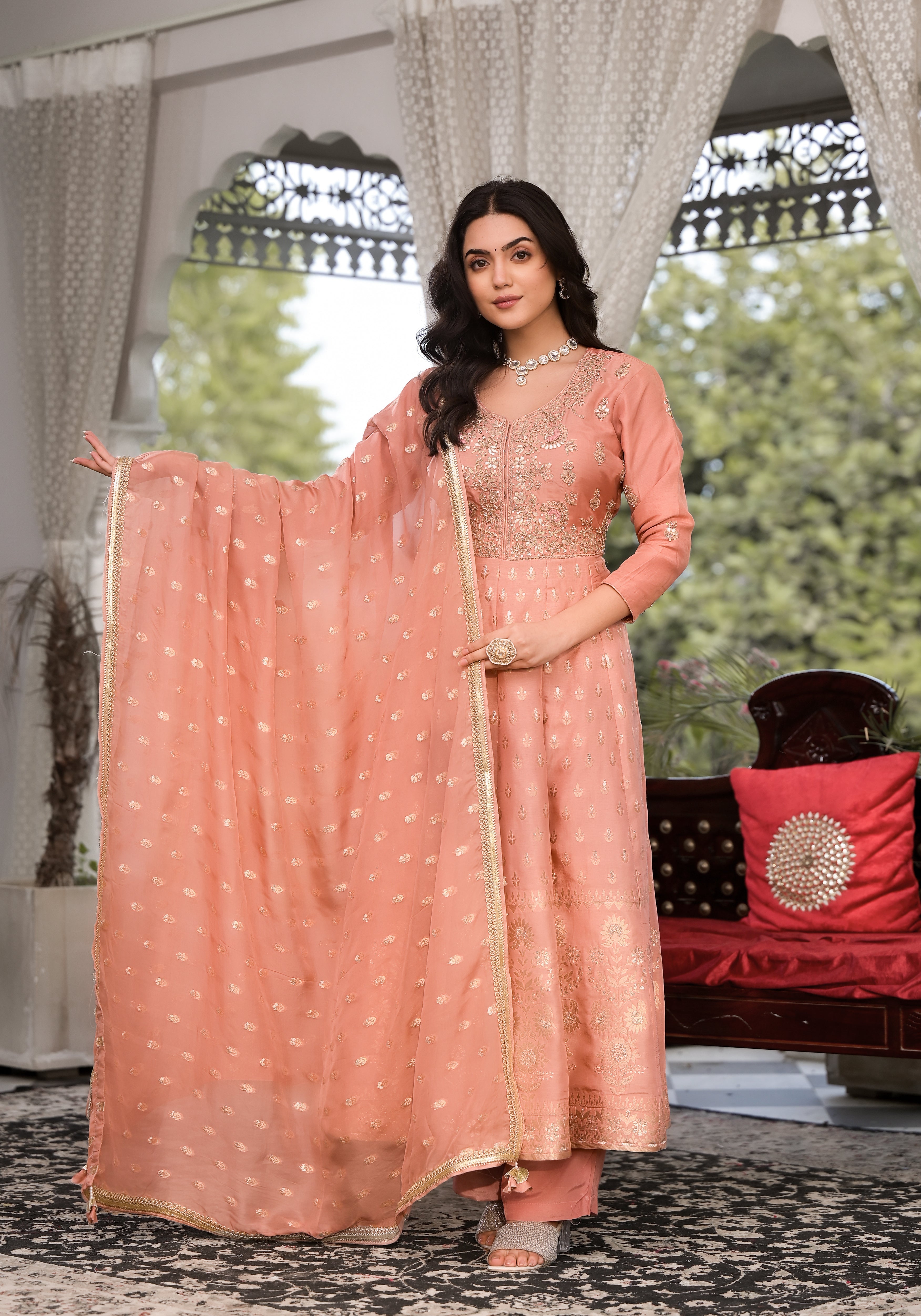 Women's Peach Zardozi Embroidered Banarsi Russian Silk Kurta Set with Banarsi Organza Dupatta - Taantav