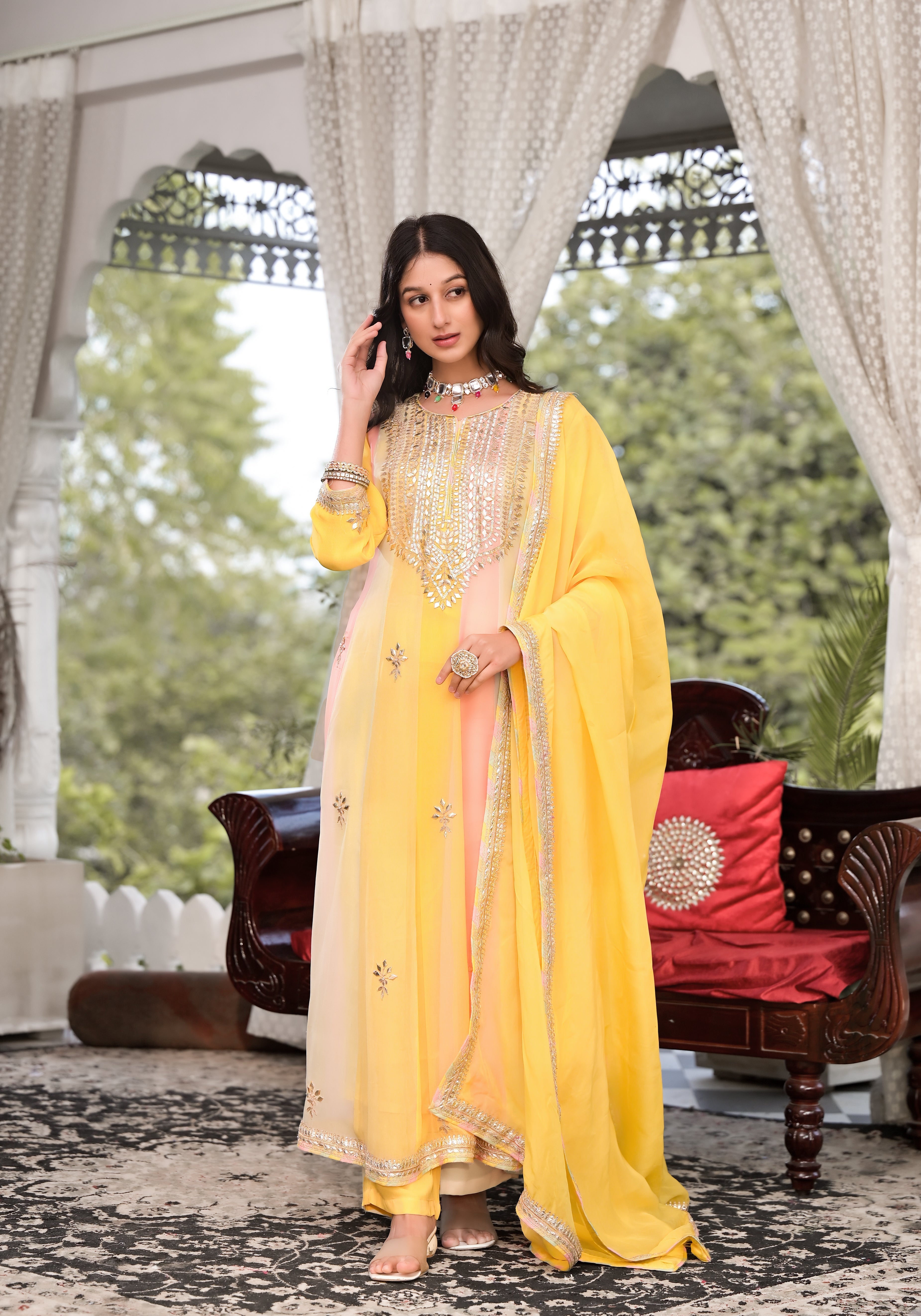 Women's Yellow Gota Patti Embroidered Banarsi Georgette Kurta Set with Organza Dupatta - Taantav