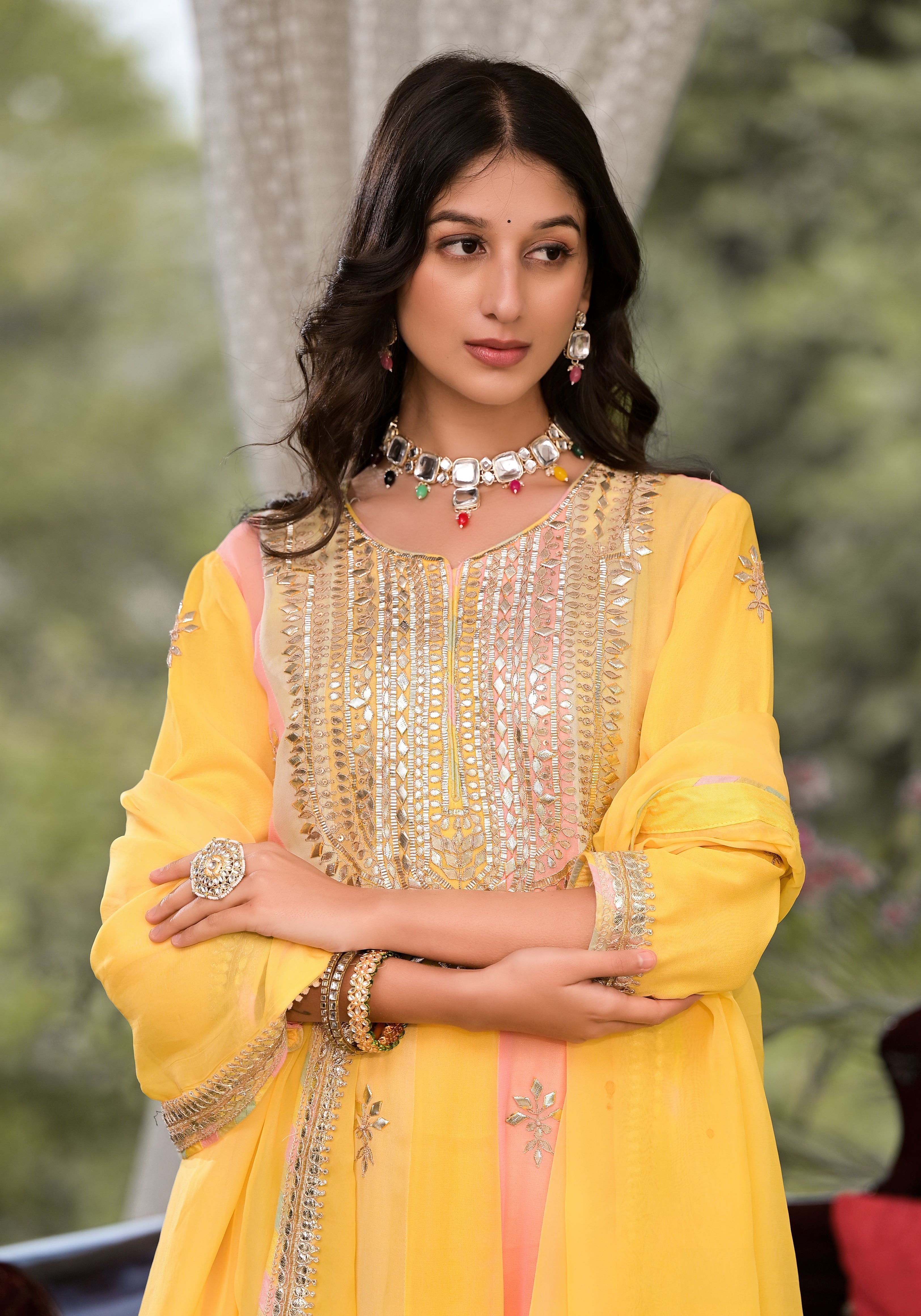 Women's Yellow Gota Patti Embroidered Banarsi Georgette Kurta Set with Organza Dupatta - Taantav