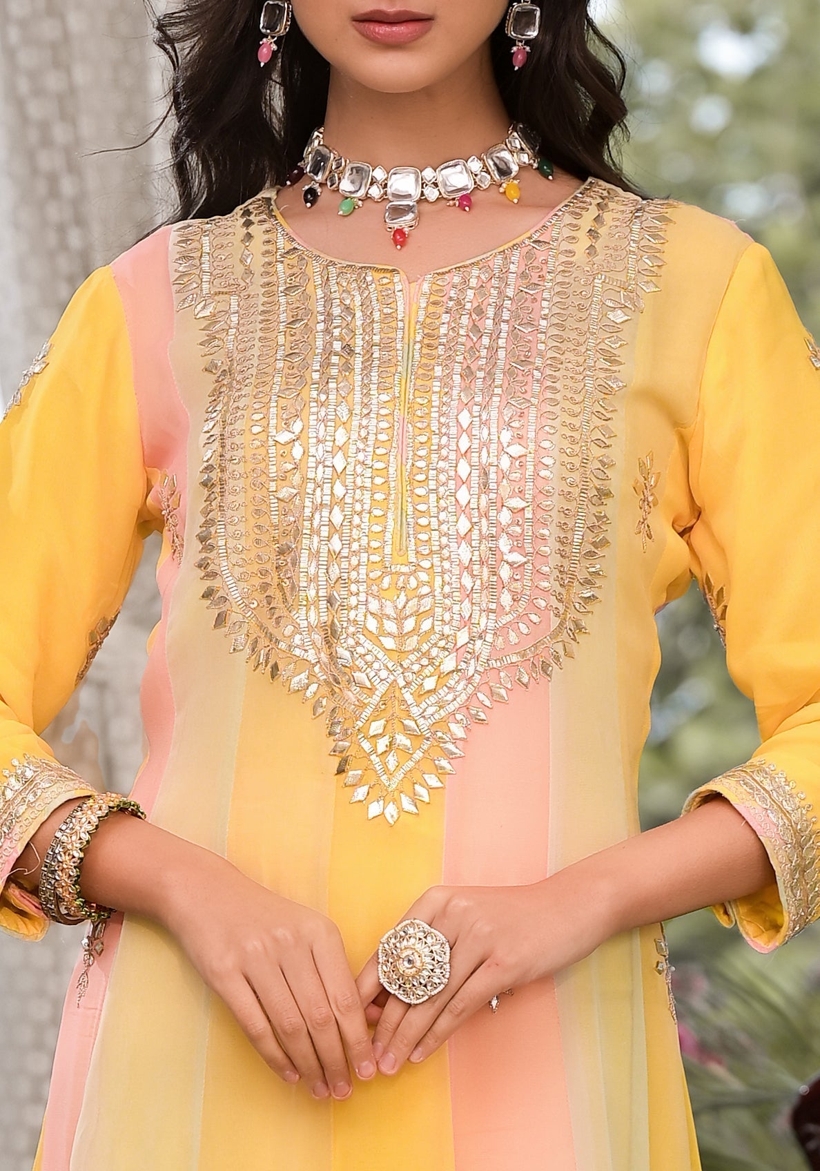 Women's Yellow Gota Patti Embroidered Banarsi Georgette Kurta Set with Organza Dupatta - Taantav