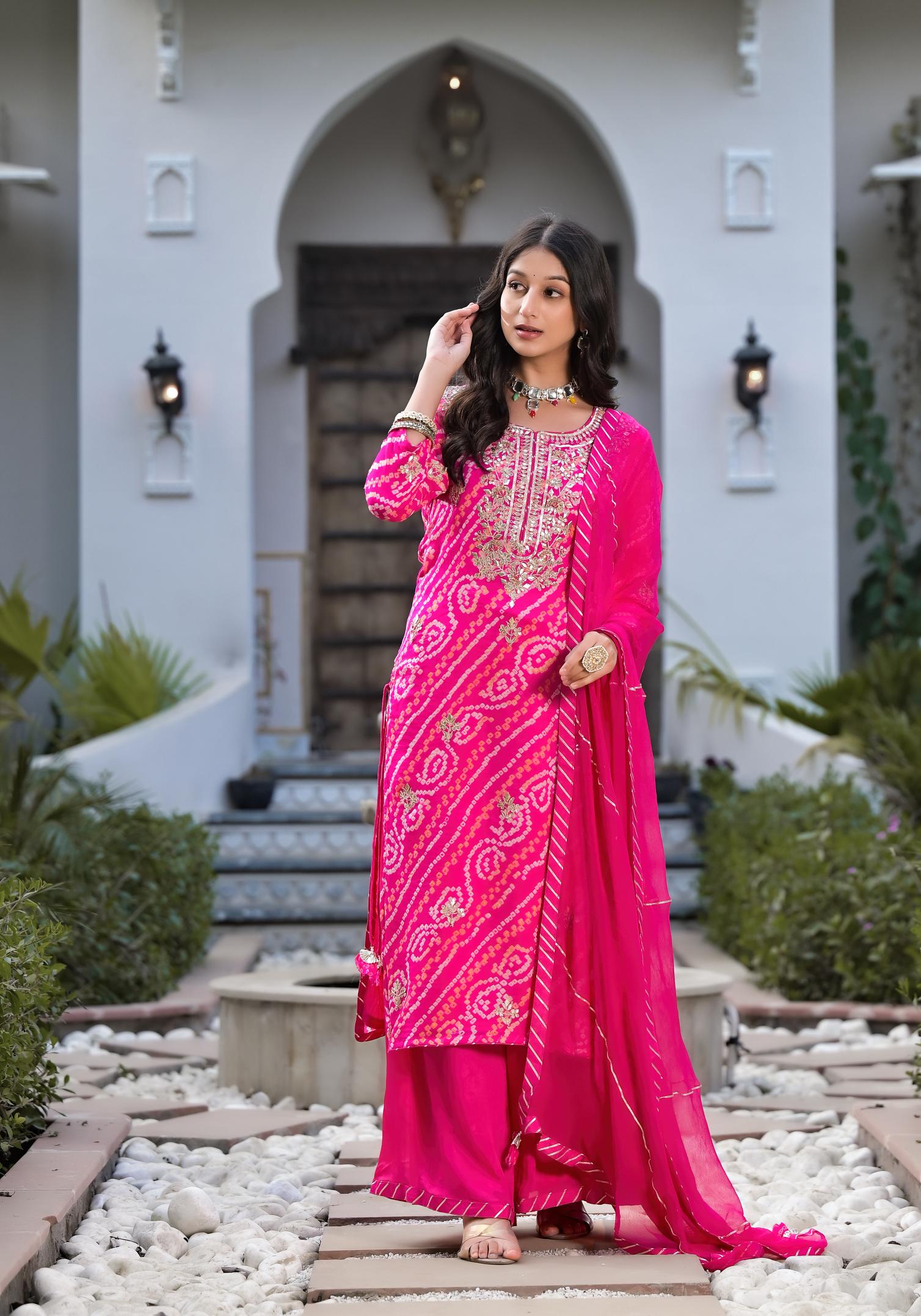 Women's Rani Pink Gota Patti Embroidered Bandhani Print Chinon Kurta Set with chiffon Dupatta - Taantav