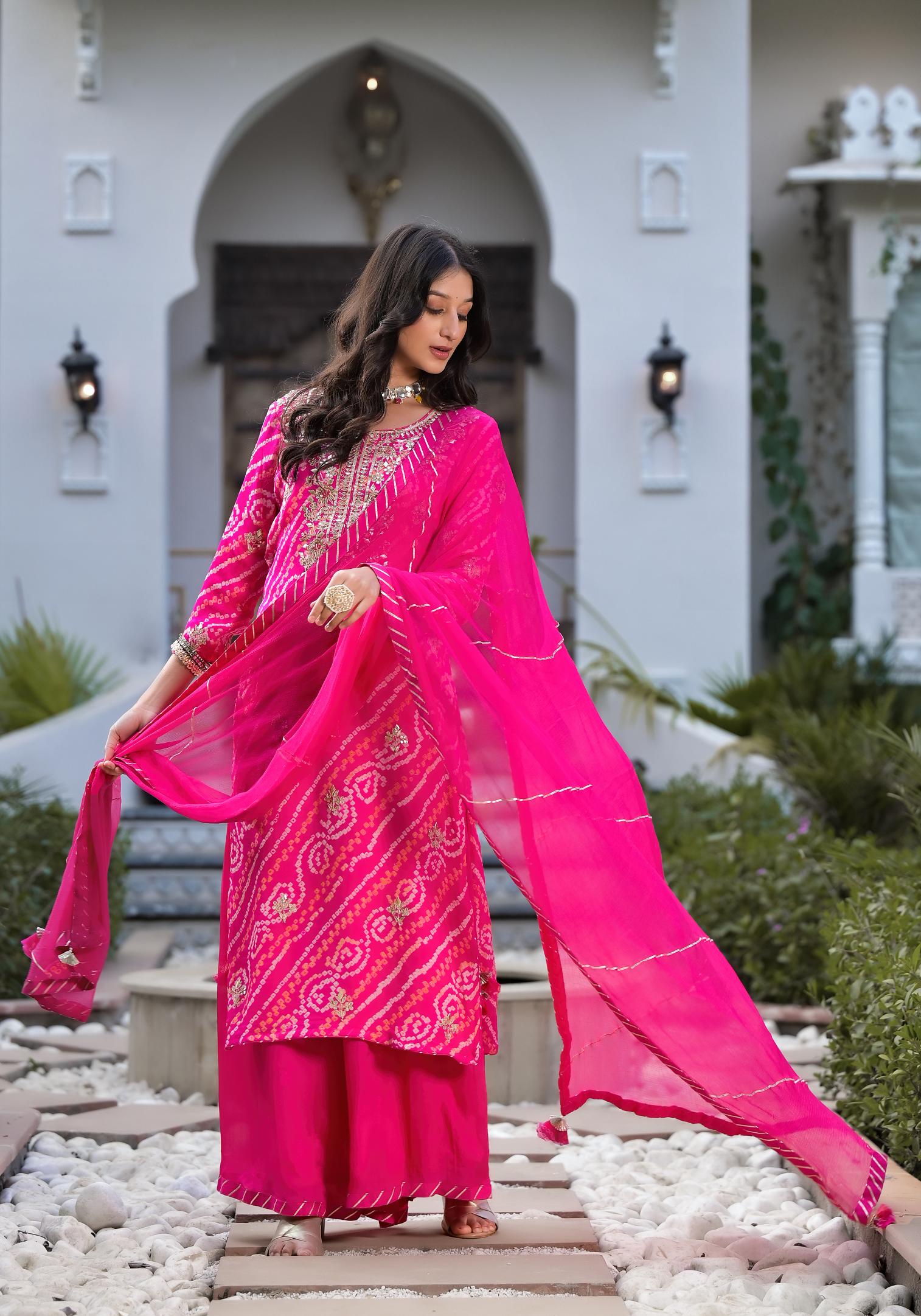 Women's Rani Pink Gota Patti Embroidered Bandhani Print Chinon Kurta Set with chiffon Dupatta - Taantav