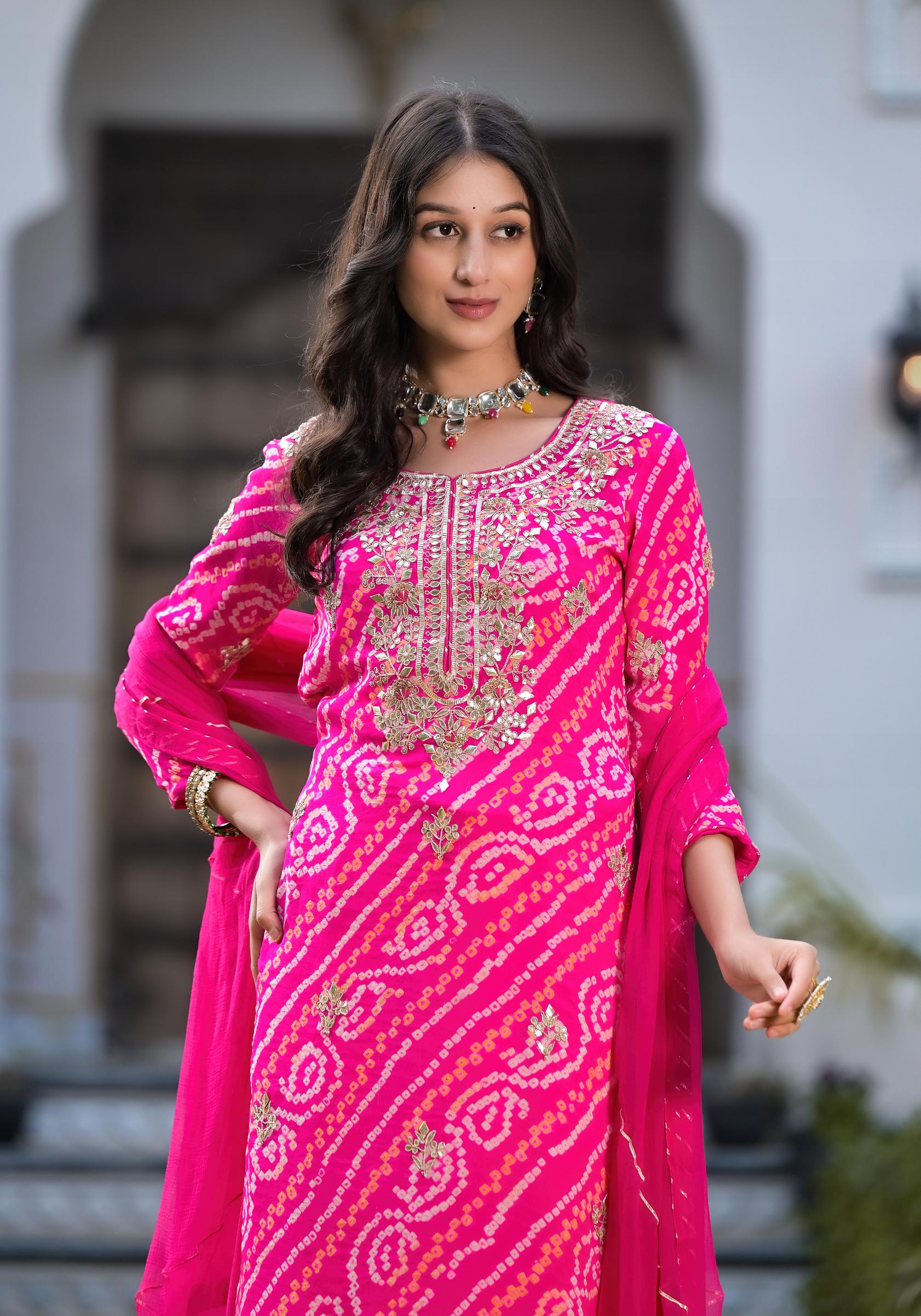 Women's Rani Pink Gota Patti Embroidered Bandhani Print Chinon Kurta Set with chiffon Dupatta - Taantav