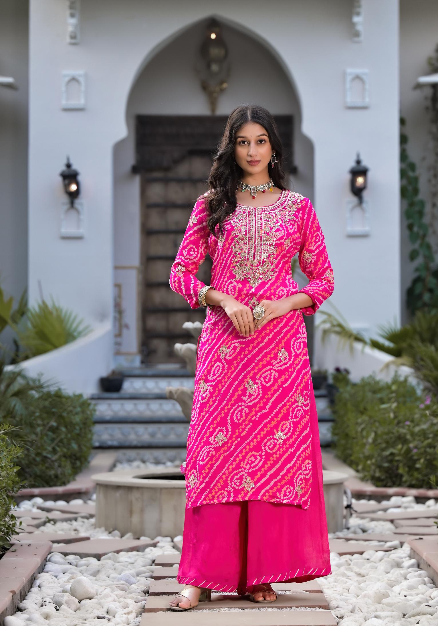 Women's Rani Pink Gota Patti Embroidered Bandhani Print Chinon Kurta Set with chiffon Dupatta - Taantav