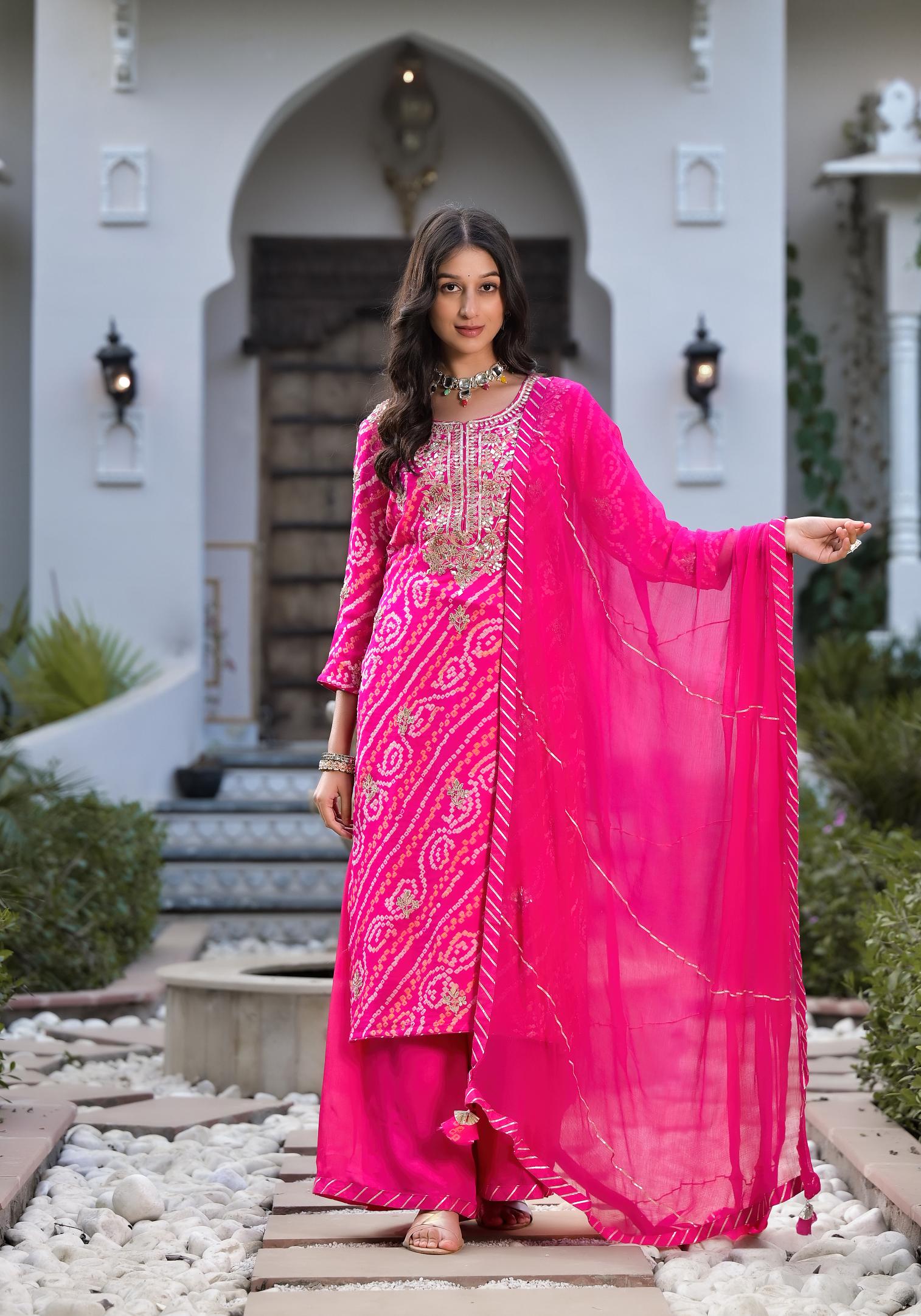 Women's Rani Pink Gota Patti Embroidered Bandhani Print Chinon Kurta Set with chiffon Dupatta - Taantav