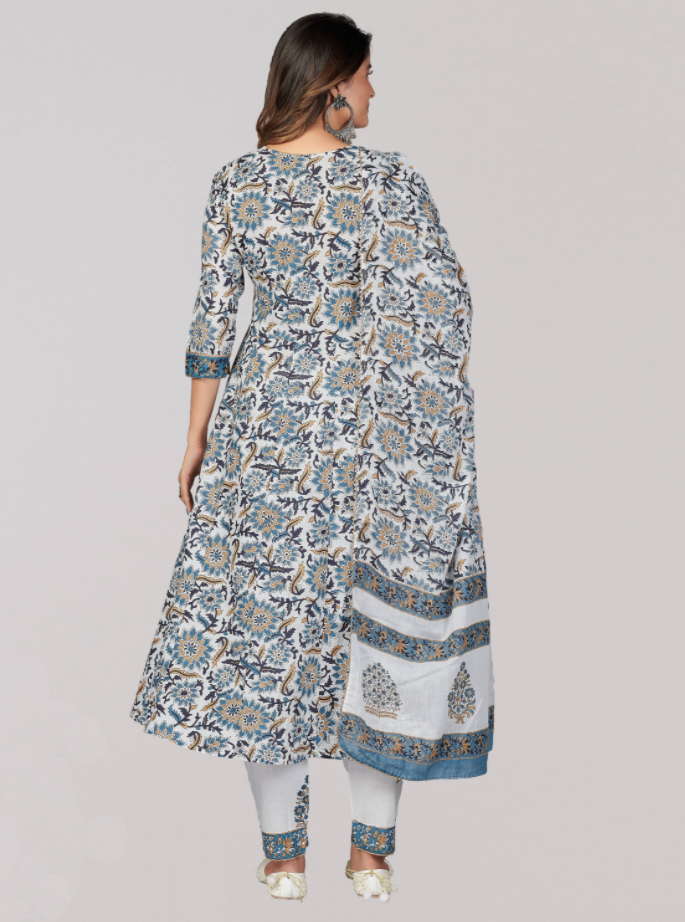 Women's Blue Anarkali Cotton Kurta With Pant & Dupatta By Vbuyz (3