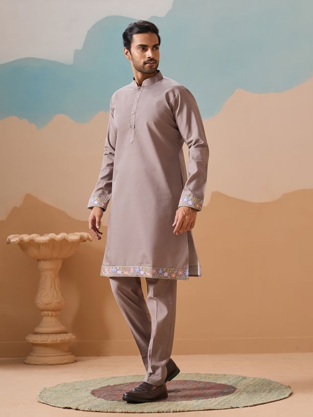 Men's Grey Viscose Silk Multi Thread With Sequence Embroidered Work Kurta Set
