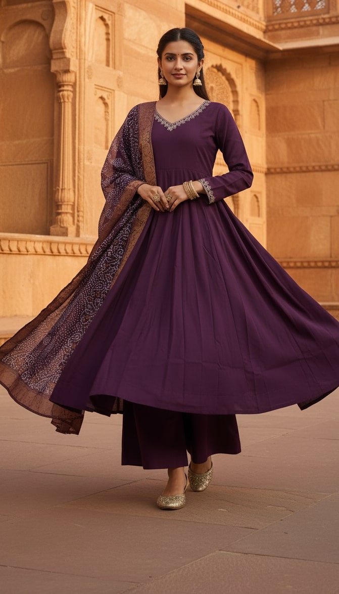 Women's Wine Silk(Pv Chanderi) Embroidery Worked V Shape Kurta Set