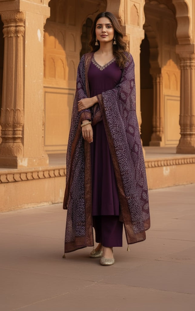 Women's Wine Silk(Pv Chanderi) Embroidery Worked V Shape Anarkali Set