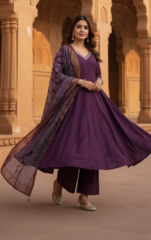 Women's Wine Silk(Pv Chanderi) Embroidery Worked V Shape Kurta Set