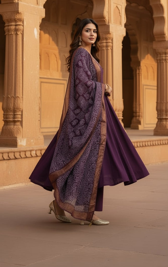 Women's Wine Silk(Pv Chanderi) Embroidery Worked V Shape Kurta Set