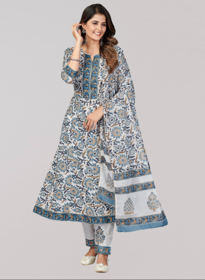 Women's Blue Anarkali Cotton Kurta With Pant & Dupatta By Vbuyz (3