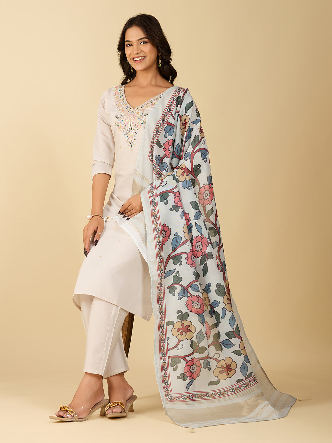 Women's Off White Viscose Chanderi Embroidery Worked V Shape Kurta Sets